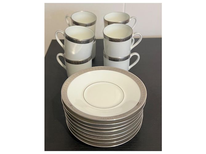 Autre Marque Bernardaud Vercors 8 Tazze e Piattini da Caffè Porcellana Bianca Platino Argento Bianco - vista 2