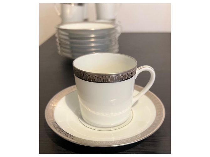 Autre Marque Bernardaud Vercors 8 Tazze e Piattini da Caffè Porcellana Bianca Platino Argento Bianco - vista 6