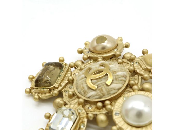 Chanel Coco Mark Tweed Brosche mit Kunstperlen und Strass Golden - Ansicht 5
