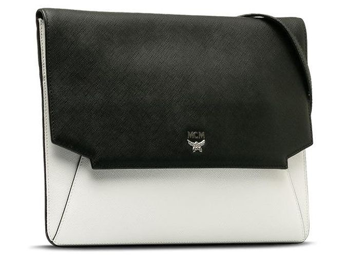 Borsa a spalla piatta in pelle MCM nera e bianca Nero - vista 2