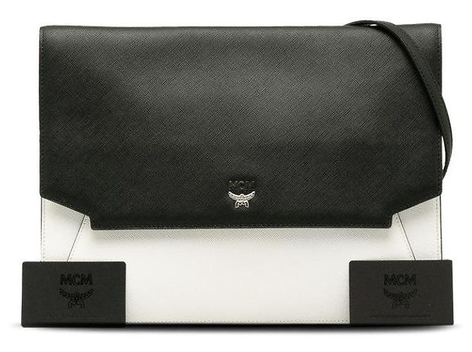 Borsa a spalla piatta in pelle MCM nera e bianca Nero - vista 3