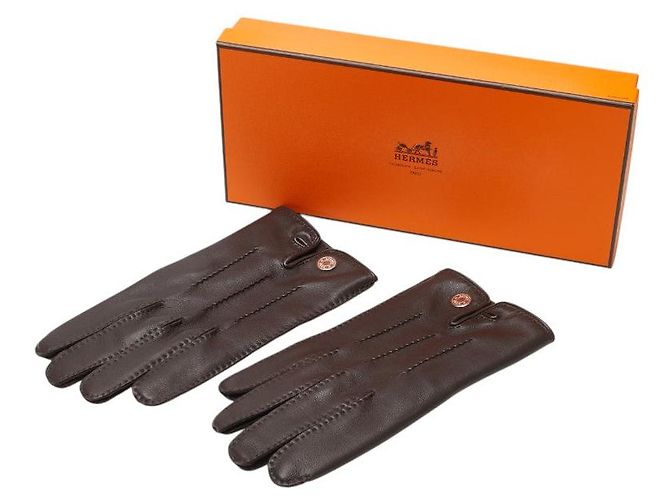 Hermès Guantes de cordero con botón Hermes Sellier Castaño - vista 6