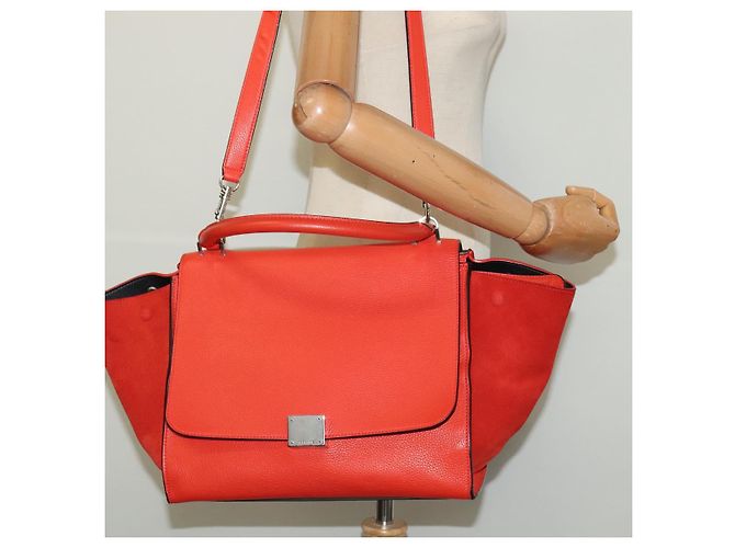 Céline CELINE Trapeze Medium Borsa a Mano Pelle Suede 2in1 Rossa Argento Auth gh084 Rosso - vista 24