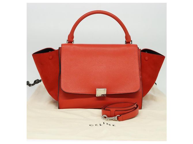 Céline CELINE Trapeze Medium Borsa a Mano Pelle Suede 2in1 Rossa Argento Auth gh084 Rosso - vista 25