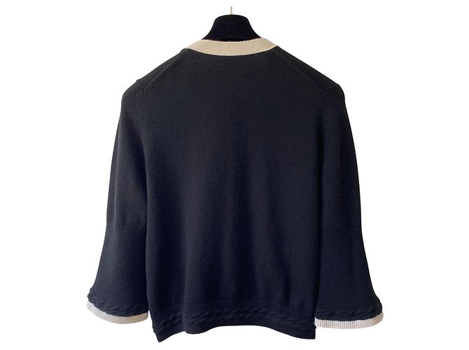 Chanel Cashmere schwarzer und ecrufarbener klassischer Cardigan FR 42 Beige - Ansicht 4