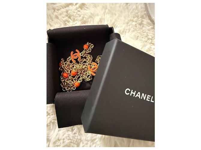 Collana Sautoir Chanel CC con perle arancioni smaltate - Scatola e autenticazione Arancione Gold hardware - vista 10
