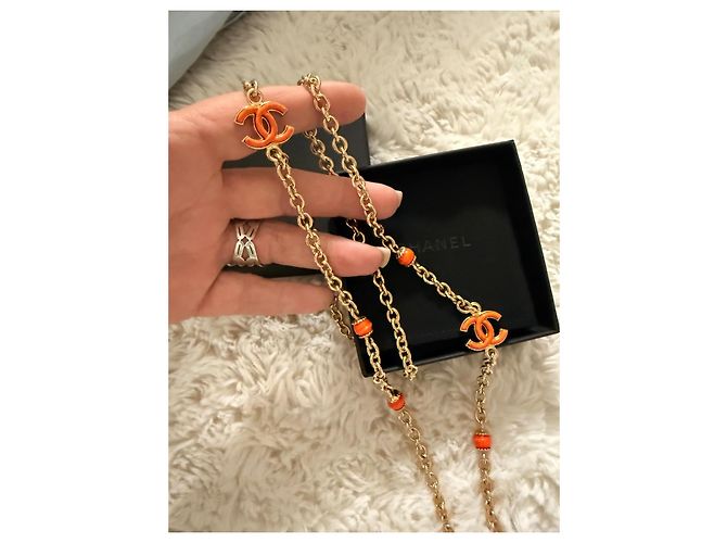 Collana Sautoir Chanel CC con perle arancioni smaltate - Scatola e autenticazione Arancione Gold hardware - vista 6