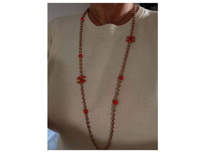 Collana Sautoir Chanel CC con perle arancioni smaltate - Scatola e autenticazione Arancione Gold hardware - vista 8