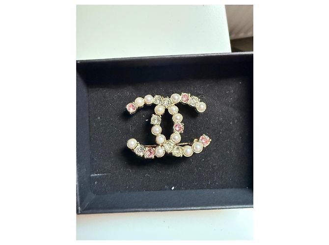 Chanel CC Brosche gold Perlen & rosa Strass - Authentisch Pink Golden Aus weiß - Ansicht 5
