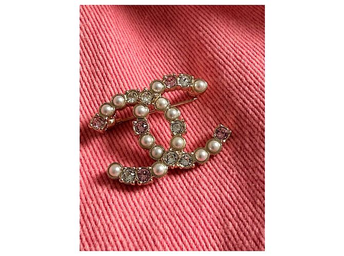 Chanel CC Brosche gold Perlen & rosa Strass - Authentisch Pink Golden Aus weiß - Ansicht 6