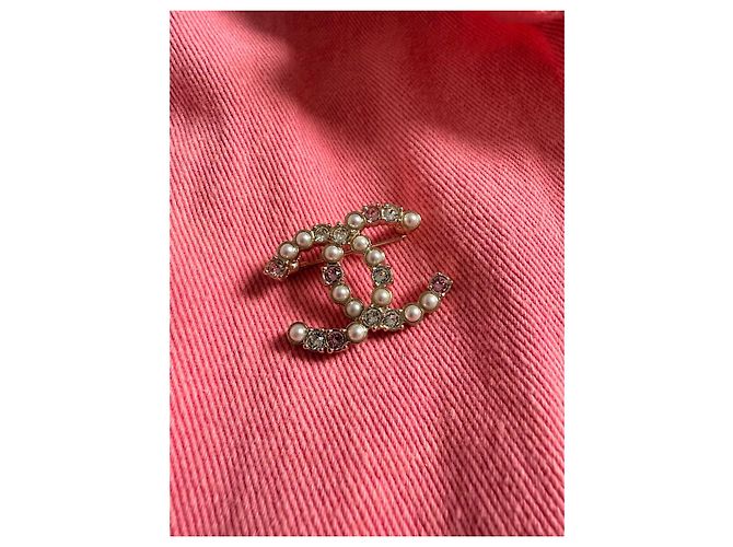 Chanel CC Brosche gold Perlen & rosa Strass - Authentisch Pink Golden Aus weiß - Ansicht 7