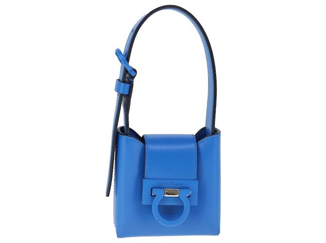Borsa a mano in pelle blu argento Gancini di Salvatore Ferragamo Auth 103652AM - vista 13