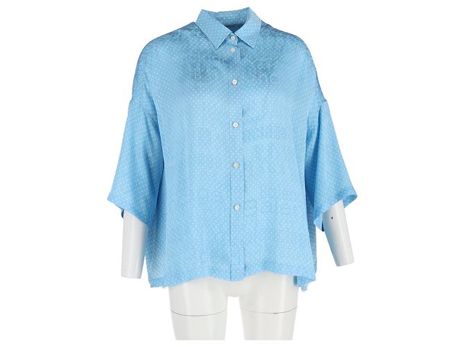 Balenciaga 2019 Tonal Logo Bluse mit Knopf aus hellblauer Seide - Ansicht 6