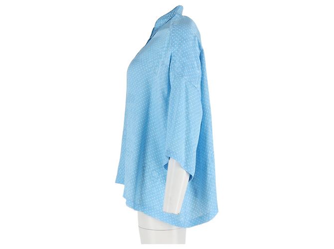 Balenciaga 2019 Tonal Logo Bluse mit Knopf aus hellblauer Seide - Ansicht 7