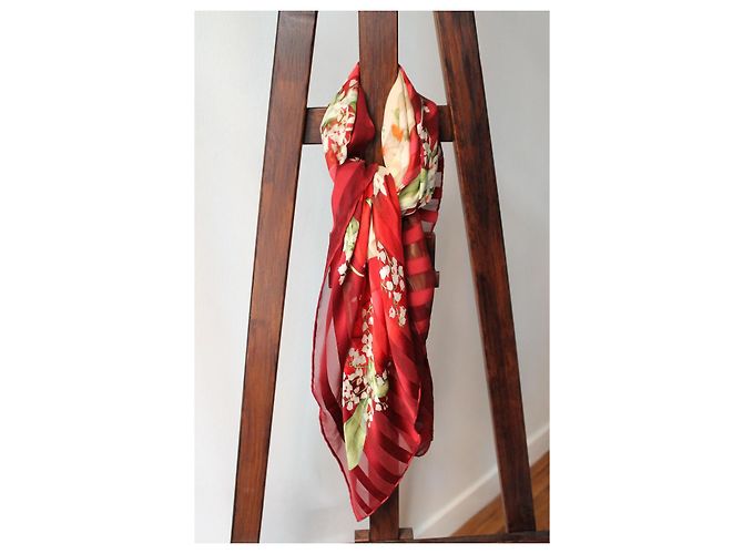 Foulard Dior in seta rosso e giallo floreale - vista 2