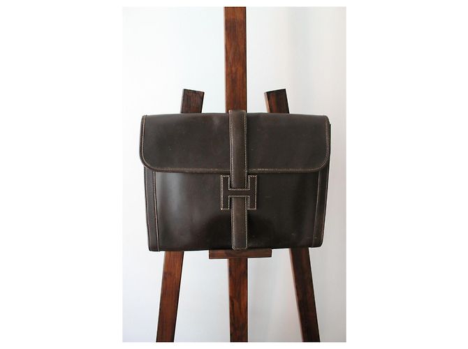 Pochette Hermès Jige in pelle box marrone - vista 3