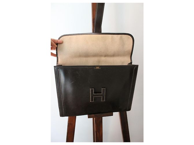 Pochette Hermès Jige in pelle box marrone - vista 9