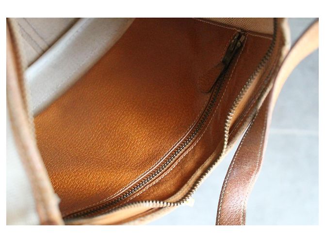 Bolso de mano Hermès Trim de lona beige y cuero camello - vista 12