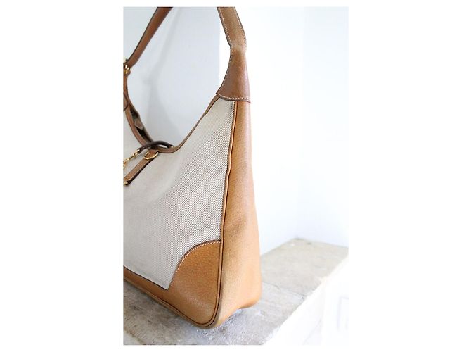 Bolso de mano Hermès Trim de lona beige y cuero camello - vista 3