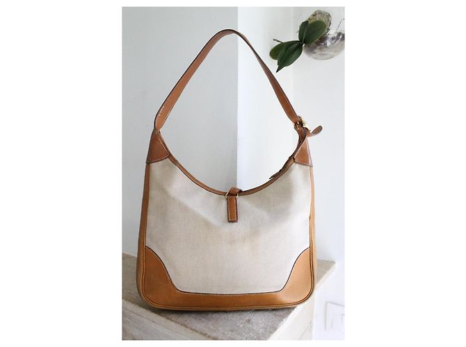 Bolso de mano Hermès Trim de lona beige y cuero camello - vista 4