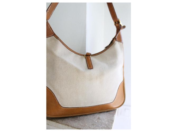 Bolso de mano Hermès Trim de lona beige y cuero camello - vista 5