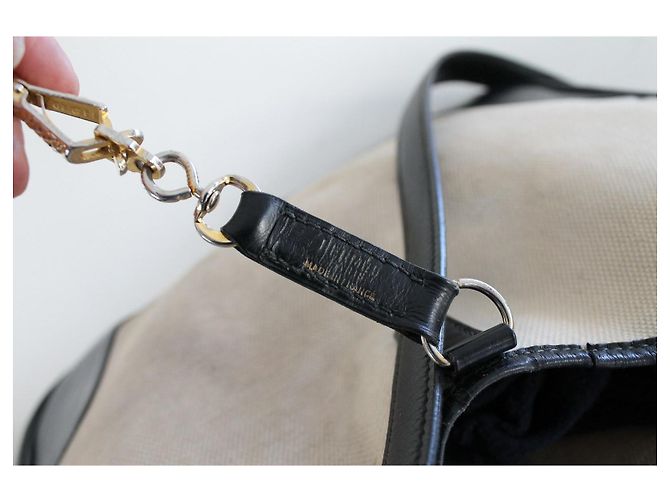 Borsa a mano Hermès Trim in pelle blu navy e tela ecru Beige - vista 13