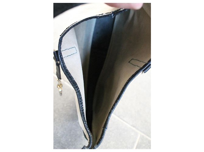 Borsa a mano Hermès Trim in pelle blu navy e tela ecru Beige - vista 14