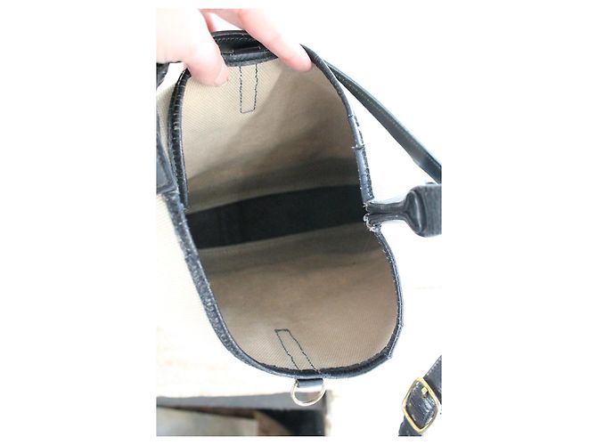 Borsa a mano Hermès Trim in pelle blu navy e tela ecru Beige - vista 15