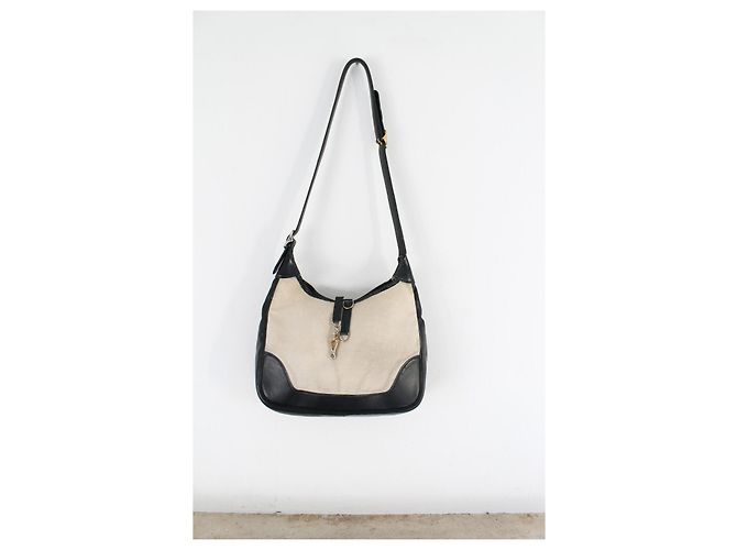 Borsa a mano Hermès Trim in pelle blu navy e tela ecru Beige - vista 2