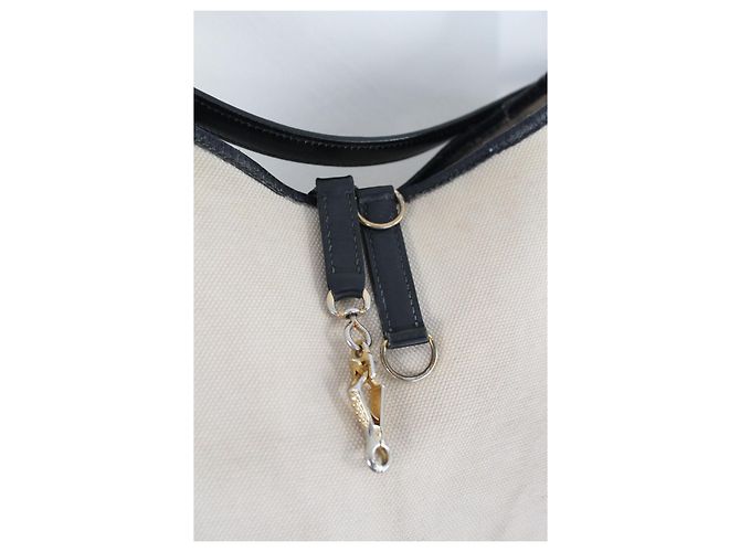 Borsa a mano Hermès Trim in pelle blu navy e tela ecru Beige - vista 3