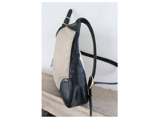 Borsa a mano Hermès Trim in pelle blu navy e tela ecru Beige - vista 4