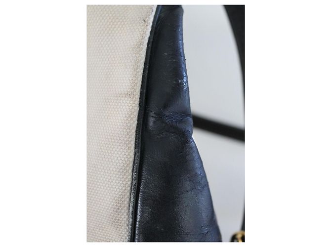 Borsa a mano Hermès Trim in pelle blu navy e tela ecru Beige - vista 5