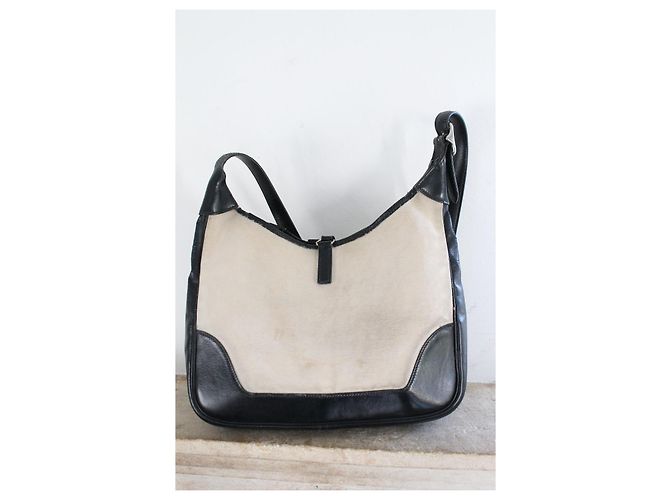 Borsa a mano Hermès Trim in pelle blu navy e tela ecru Beige - vista 6