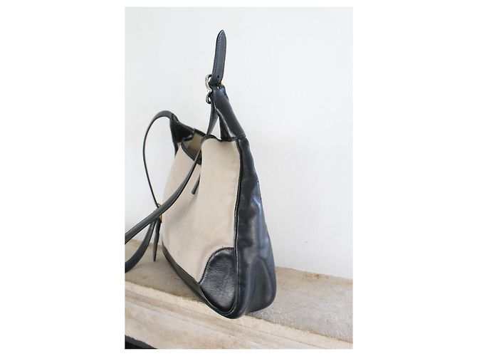 Borsa a mano Hermès Trim in pelle blu navy e tela ecru Beige - vista 7