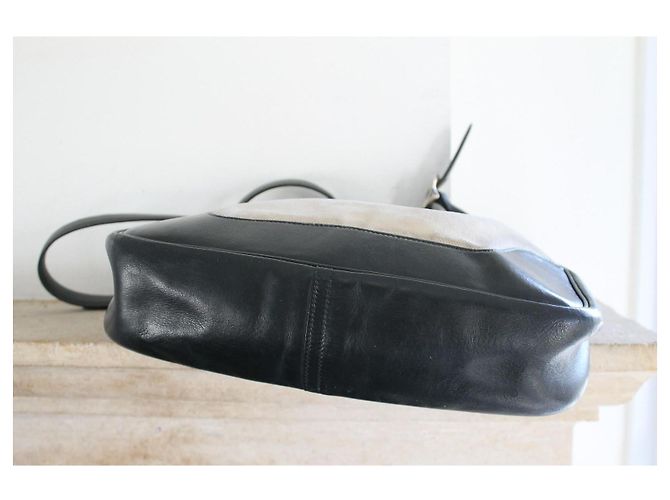 Borsa a mano Hermès Trim in pelle blu navy e tela ecru Beige - vista 8