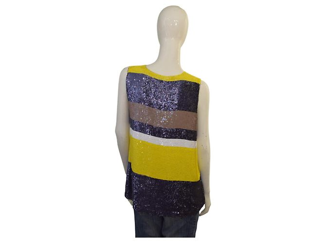 Parosh Top in seta con paillettes blu e giallo senza maniche M Multicolore - vista 2