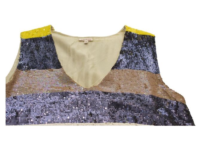 Parosh Top in seta con paillettes blu e giallo senza maniche M Multicolore - vista 3