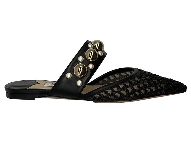 Jimmy Choo Black Basette Pearl Embellished Raffia and Nappa Leather Flat Mules - view 2