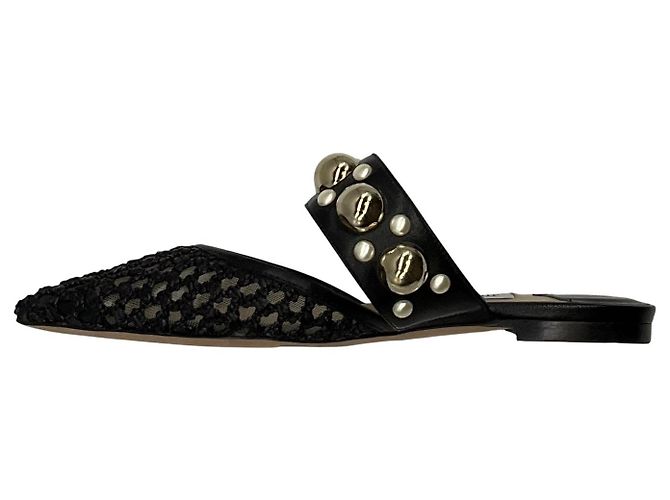 Jimmy Choo Black Basette Pearl Embellished Raffia and Nappa Leather Flat Mules - view 3