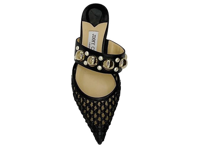 Jimmy Choo Black Basette Pearl Embellished Raffia and Nappa Leather Flat Mules - view 4