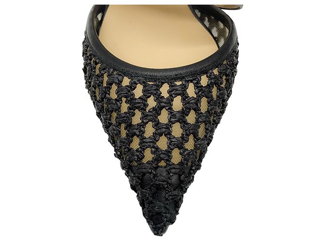 Jimmy Choo Black Basette Pearl Embellished Raffia and Nappa Leather Flat Mules - view 5
