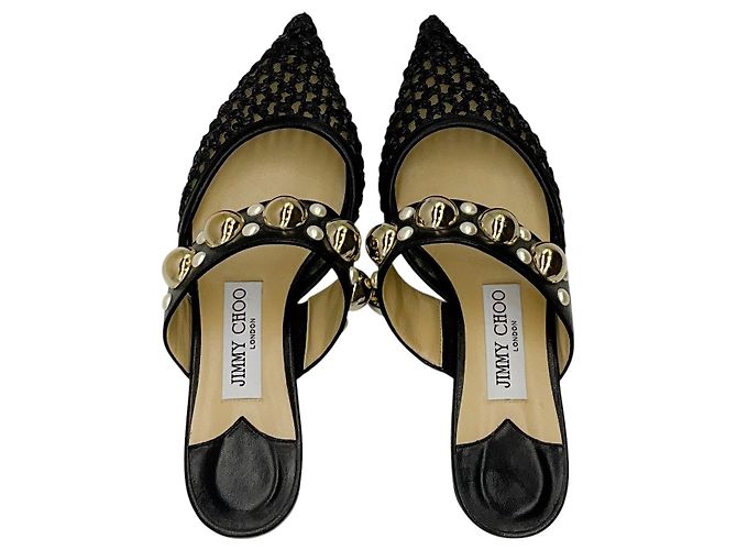 Jimmy Choo Black Basette Pearl Embellished Raffia and Nappa Leather Flat Mules - view 6
