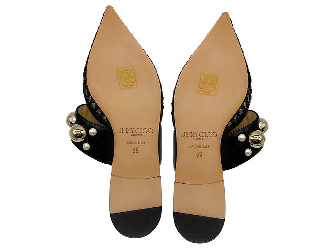 Jimmy Choo Black Basette Pearl Embellished Raffia and Nappa Leather Flat Mules - view 7