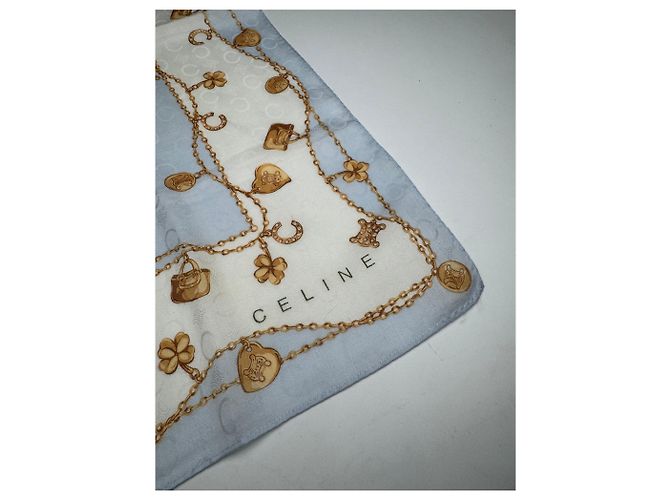 Céline Foulard in seta Macadam Monogram vintage Celine Paris blu baby - vista 7