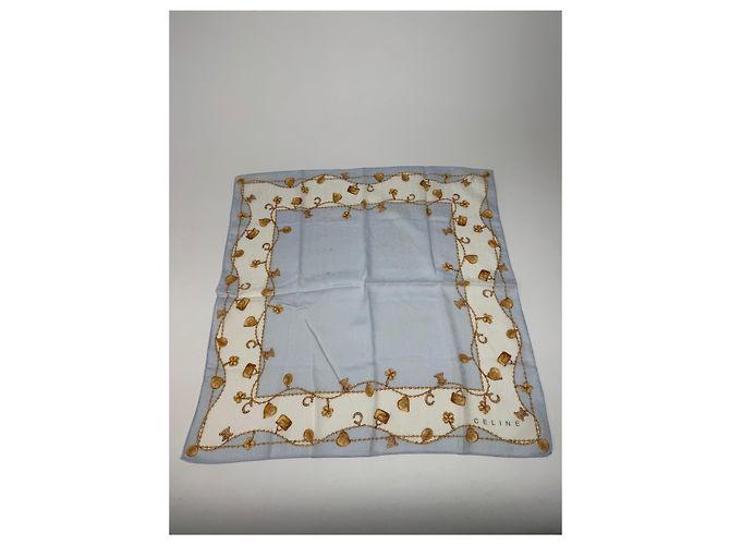 Céline Foulard in seta Macadam Monogram vintage Celine Paris blu baby - vista 9