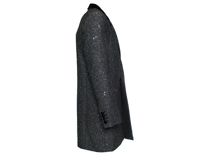 Saint Laurent, Long glitter sequins blazer jacket Black Silvery Golden - view 4