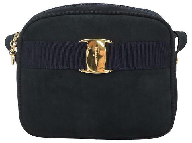 Borsa a Spalla Vala in Camoscio Blu Navy e Oro Auth gh061 di Salvatore Ferragamo D'oro - vista 13