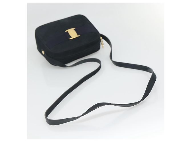 Borsa a Spalla Vala in Camoscio Blu Navy e Oro Auth gh061 di Salvatore Ferragamo D'oro - vista 7