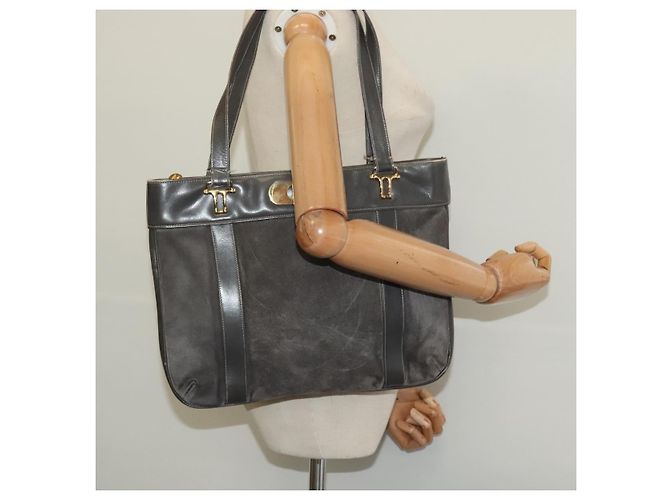 Céline Borsa a mano CELINE in pelle scamosciata grigia e oro Auth BA2092 Marrone D'oro - vista 20