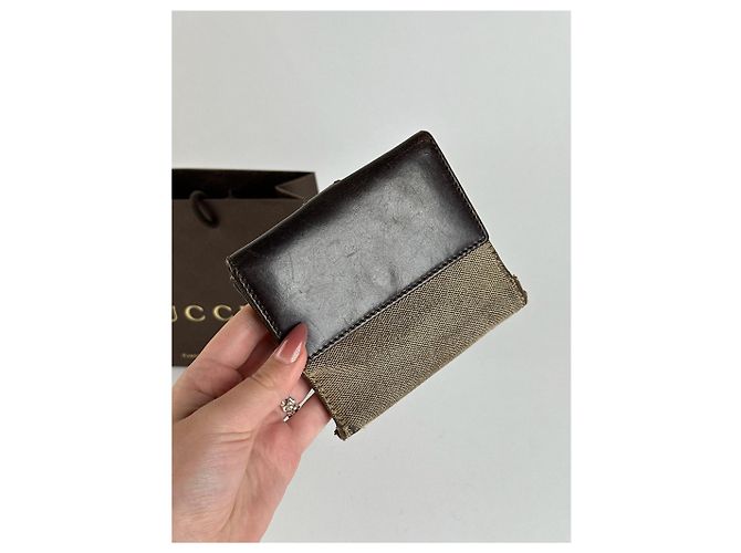Vintage Gucci Leder-Canvas-Brieftasche Grau Braun - Ansicht 10
